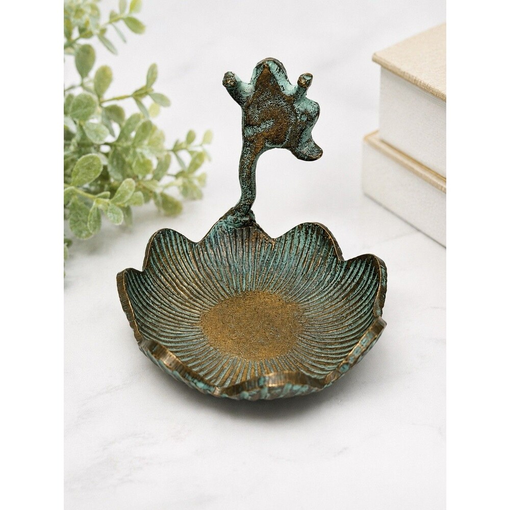Vintage Verdigris Brass Frog Lotus Flower Trinket Dish Ring Holder Catchall 3"